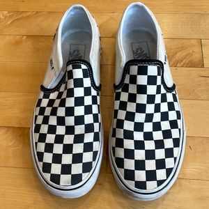 Vans “Off the Wall” black and white checkered slip ons, women’s 8.5